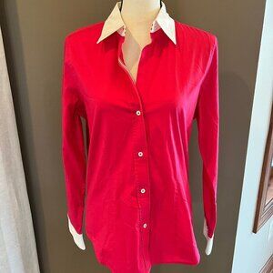 Limited, Hot Pink White Cuffed Fitted, Button Down Stretch blouse, Size Large